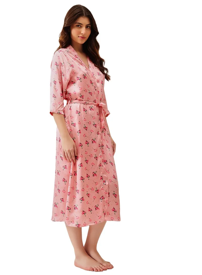 Clovia Pink Floral Print Long Nighty & Robe Set in Light Pink - Satin for Women | Best Price UAE